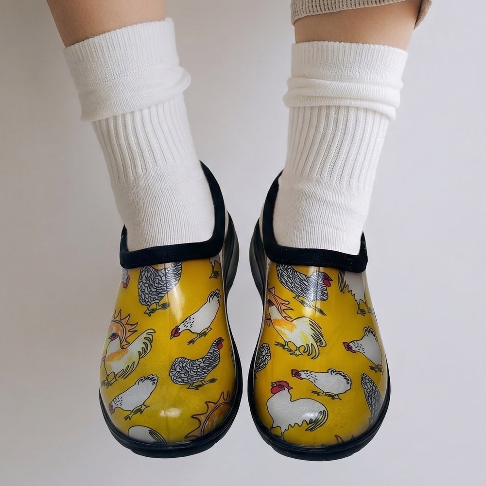 Sloggers Womens Chicken Print Waterproof Garden Shoes Yellow Clogs Size 6 USA